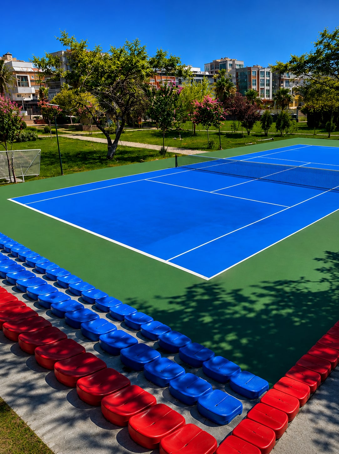AKRİLFLOOR tarafından uygulanmış mavi akrilik tenis kortu ve seyirci tribünü